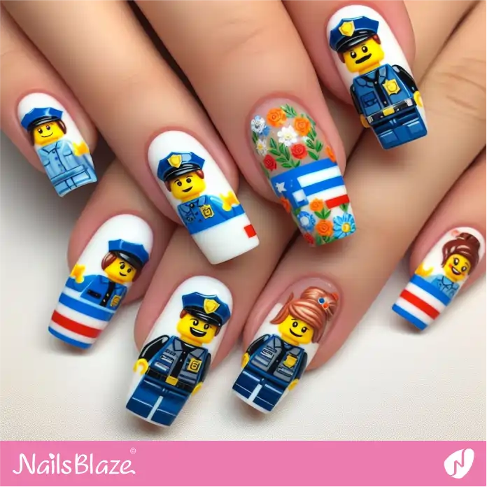 French Manicure with LEGO Police Officer Minifigures Design | Game Nails - NB2723